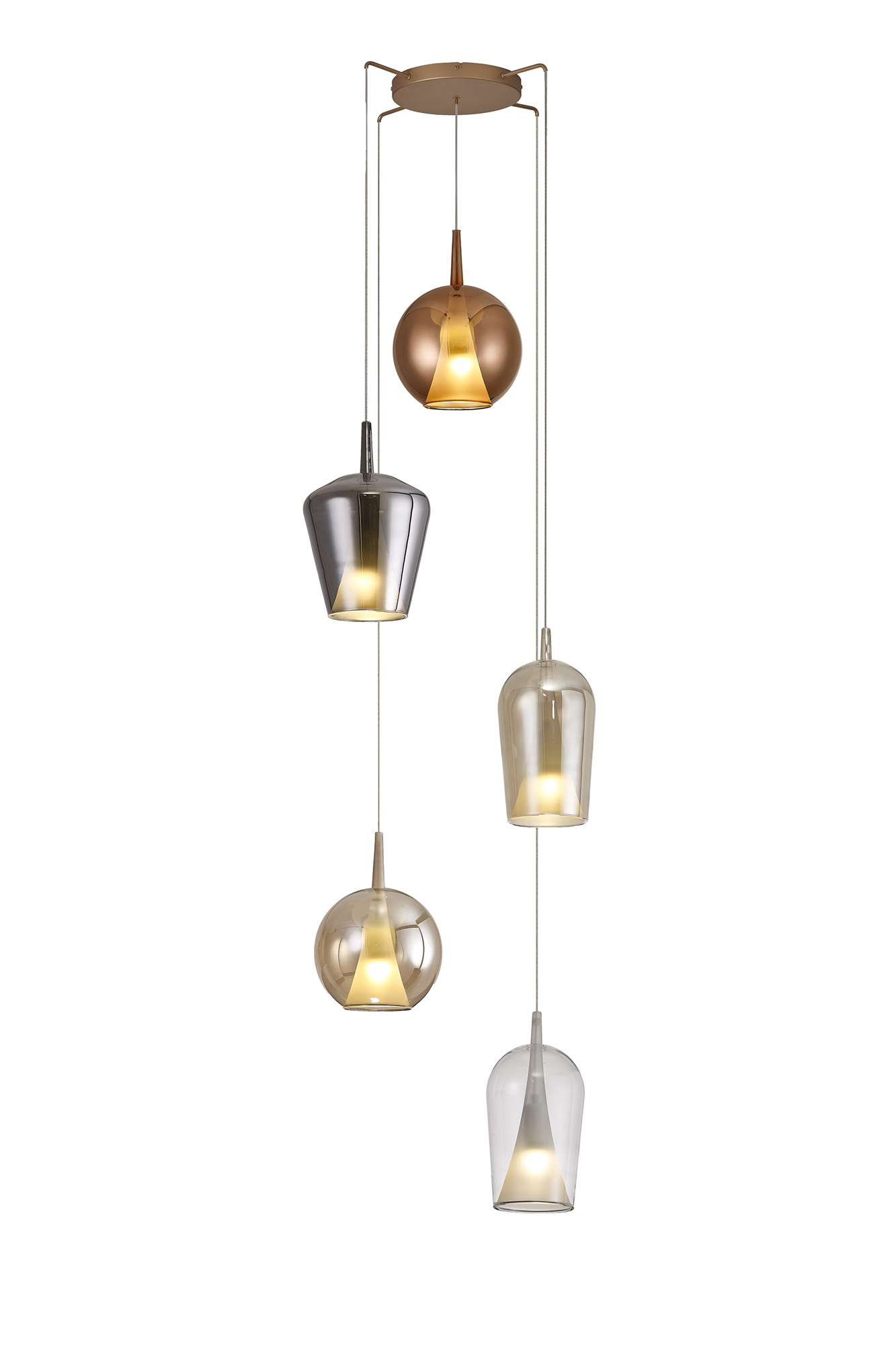 M8259  Elsa Mixed Shade Pendant 5 Light Gold Frame/Clear/Chrome/Bronze/Copper Glass